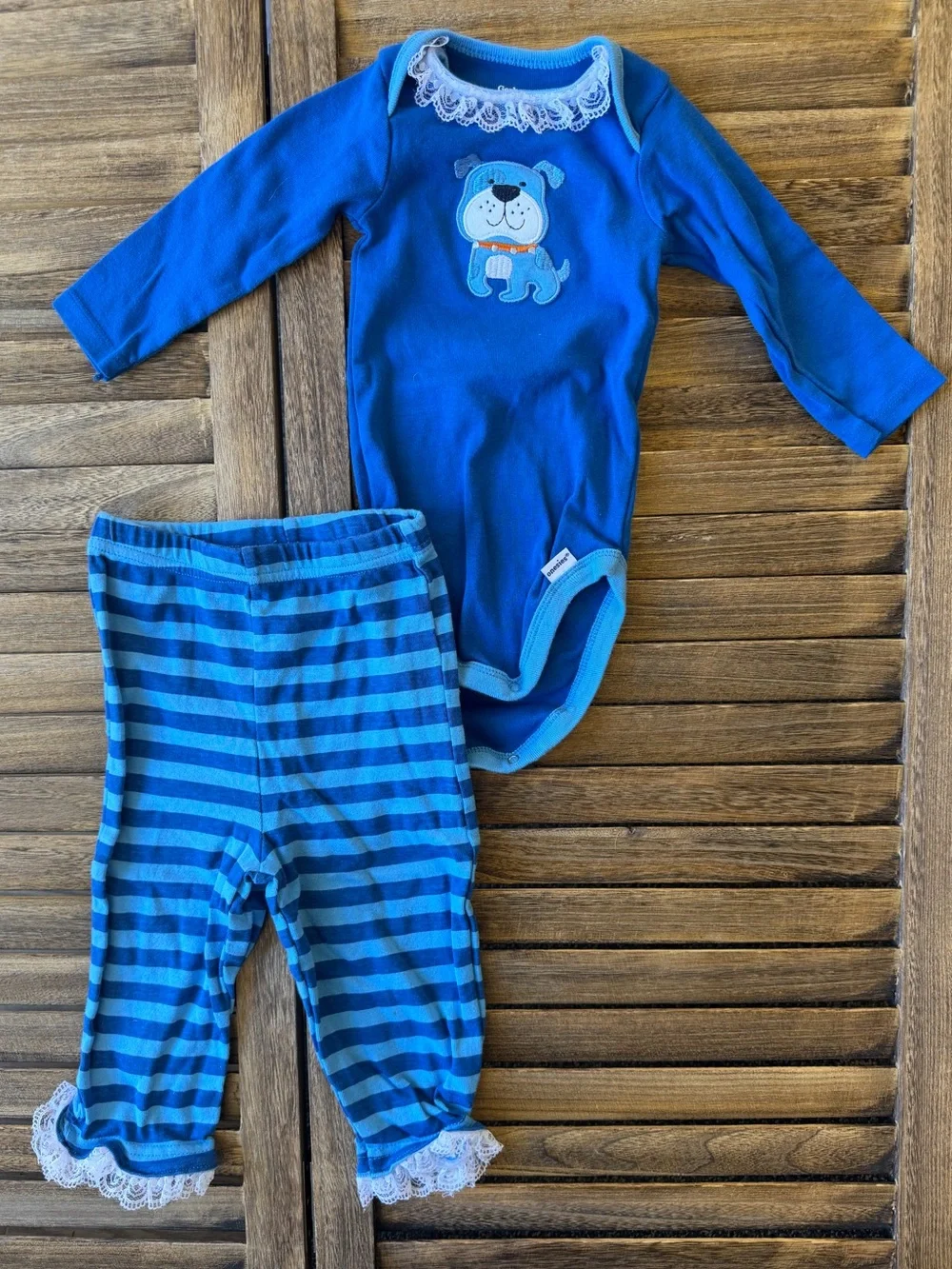 Gerber Blue Bulldog Long-Sleeve Bodysuit Striped Blue Lace Pants 12 Months Set